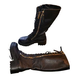 DKNY BLACK, LEATHER, KNEE HIGH, COMBAT BOOTS. SIZE 6.5